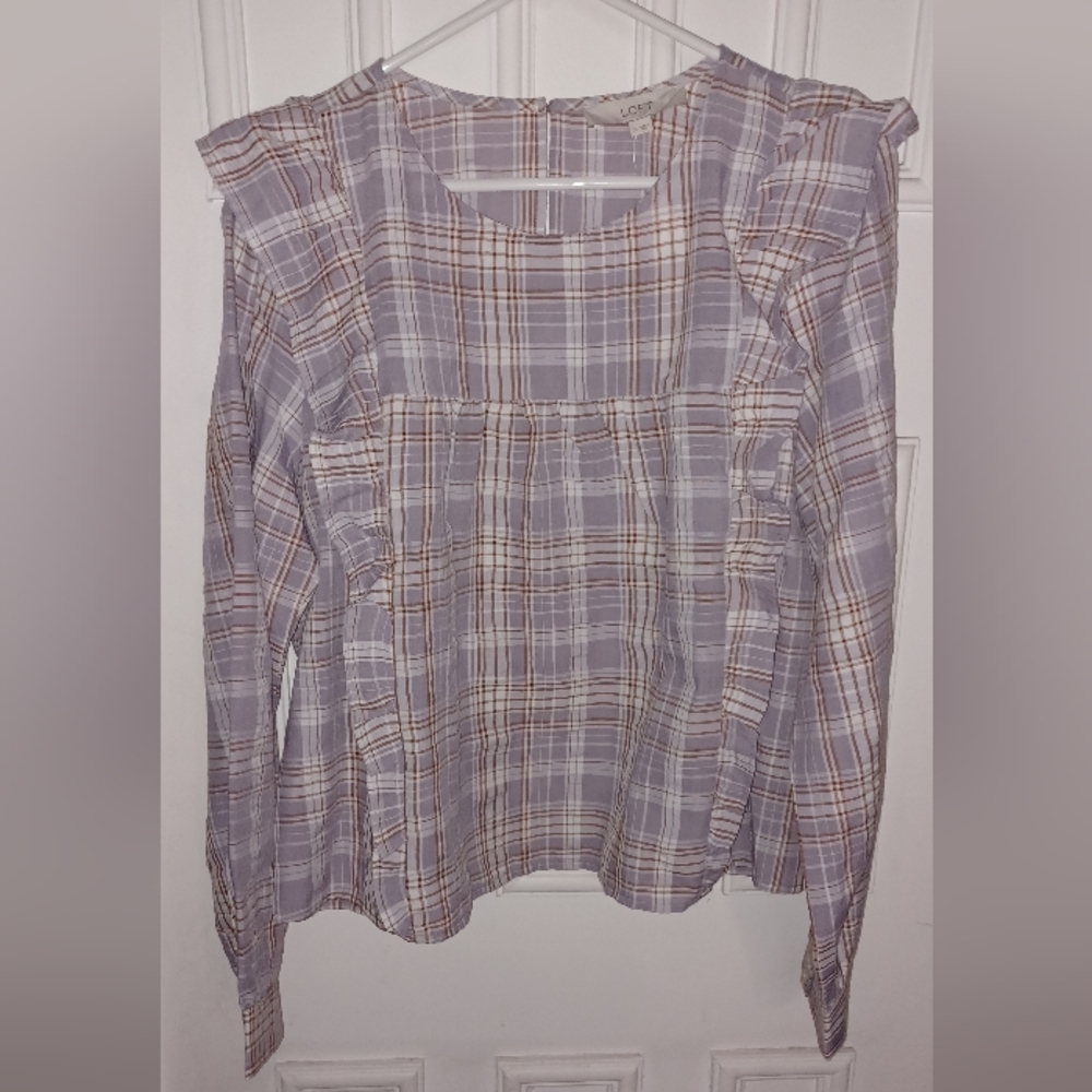 LOFT Purple Plaid Ruffle Blouse Top Long Sleeve Womens XLarge